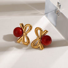 Load image into Gallery viewer, Stainless steel red glass bead bow earrings
