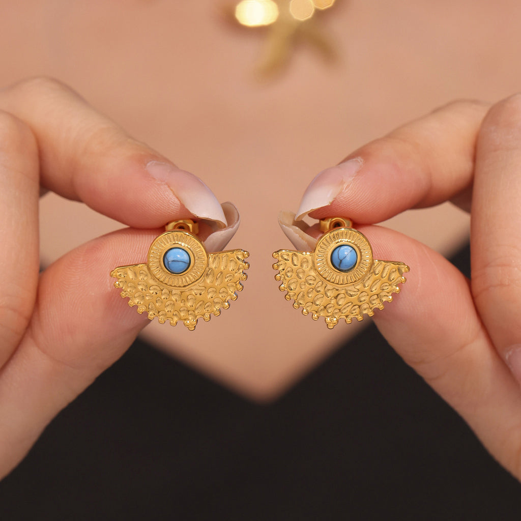 Stainless steel fan-shaped earrings set with natural turquoise