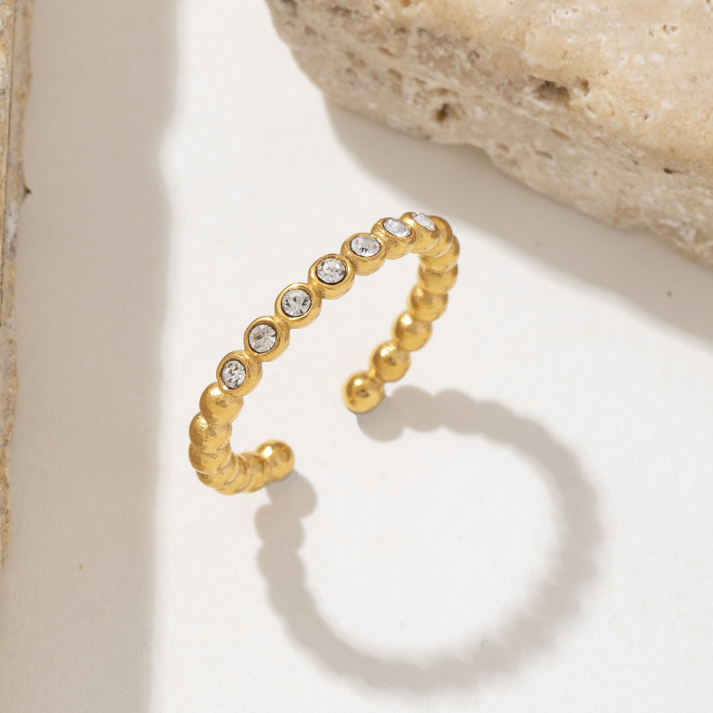 Stainless steel diamond-encrusted round bead open ring