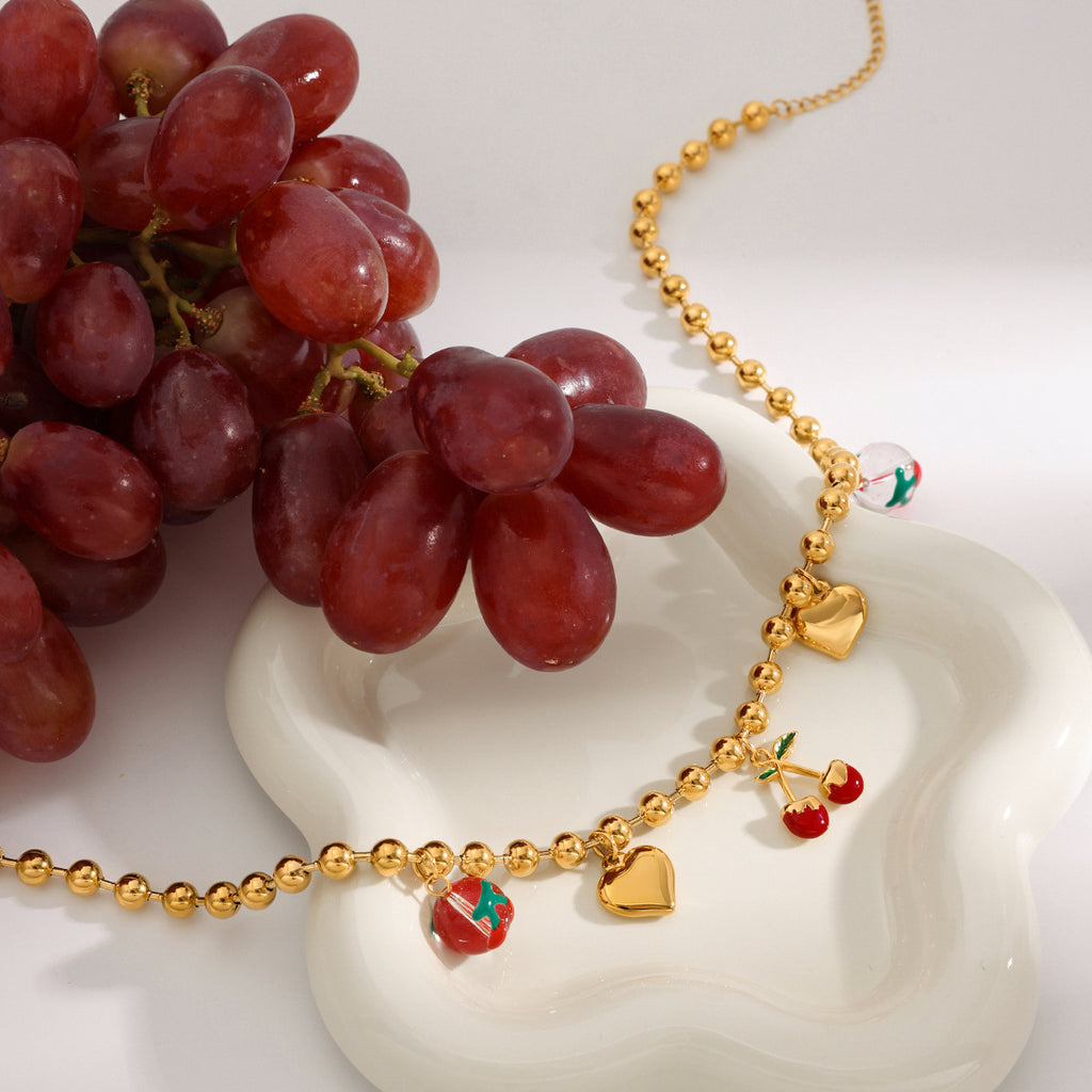 Stainless steel heart-shaped cherry pendant necklace