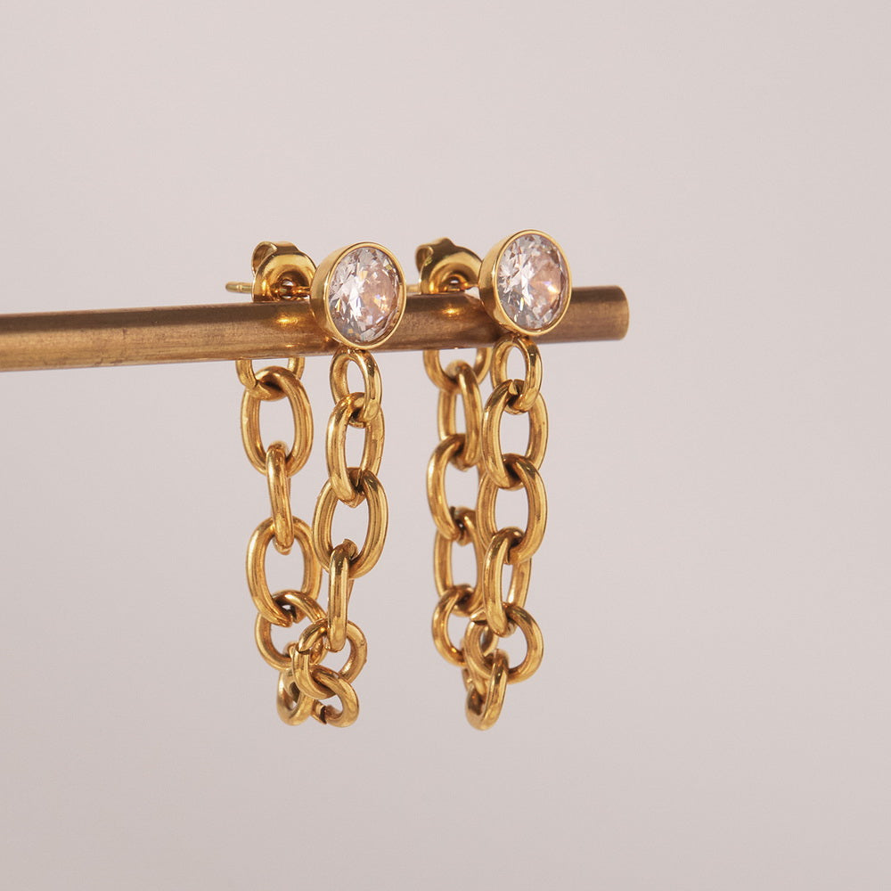 Stainless steel zircon chain tassel earrings