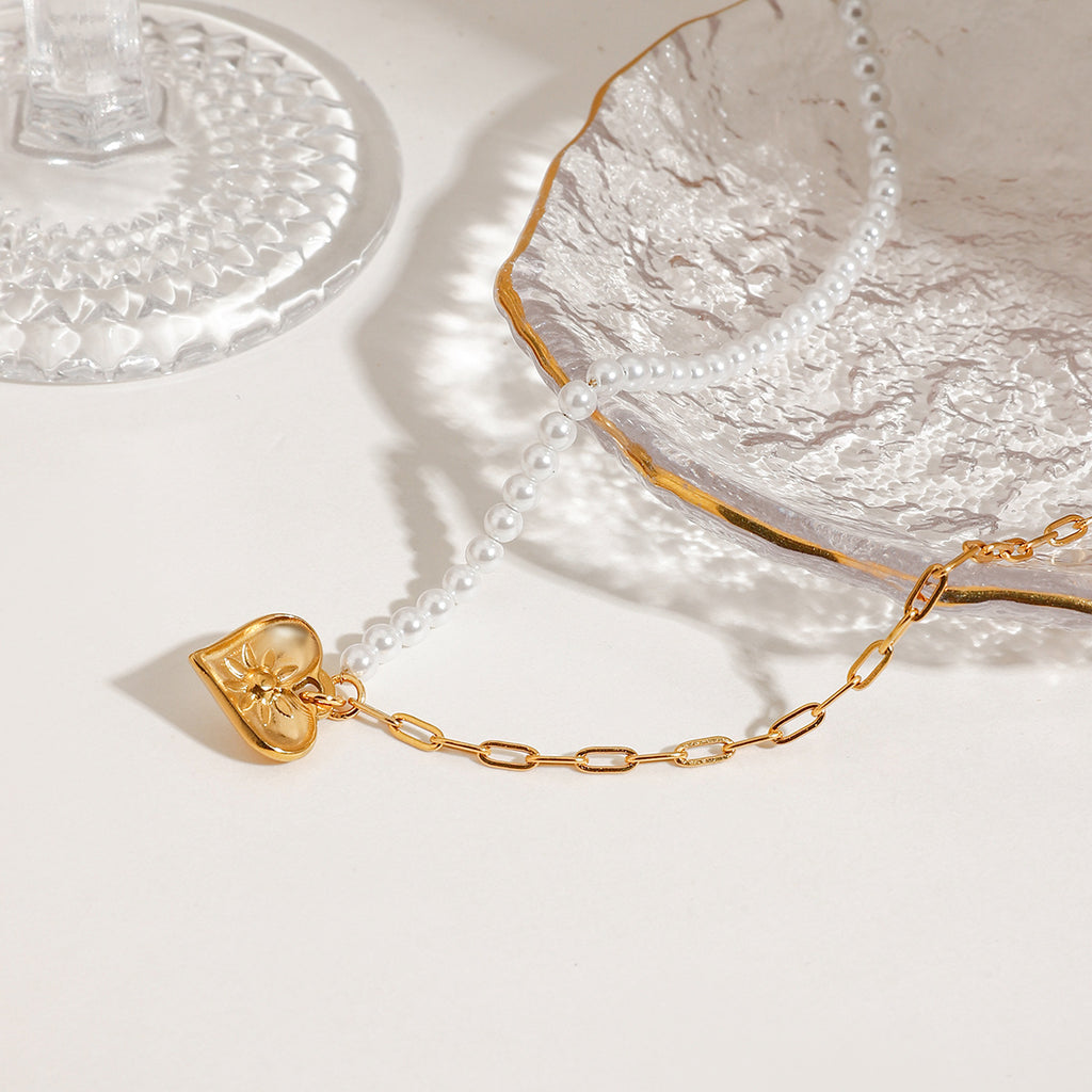 Stainless steel chain, pearl chain, heart-shaped pendant necklace