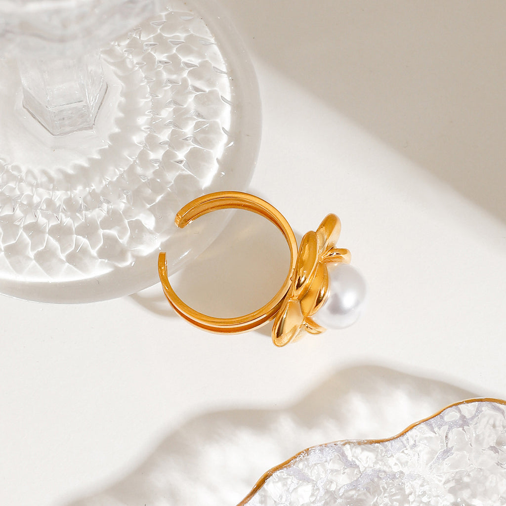 Stainless steel flower pearl open ring