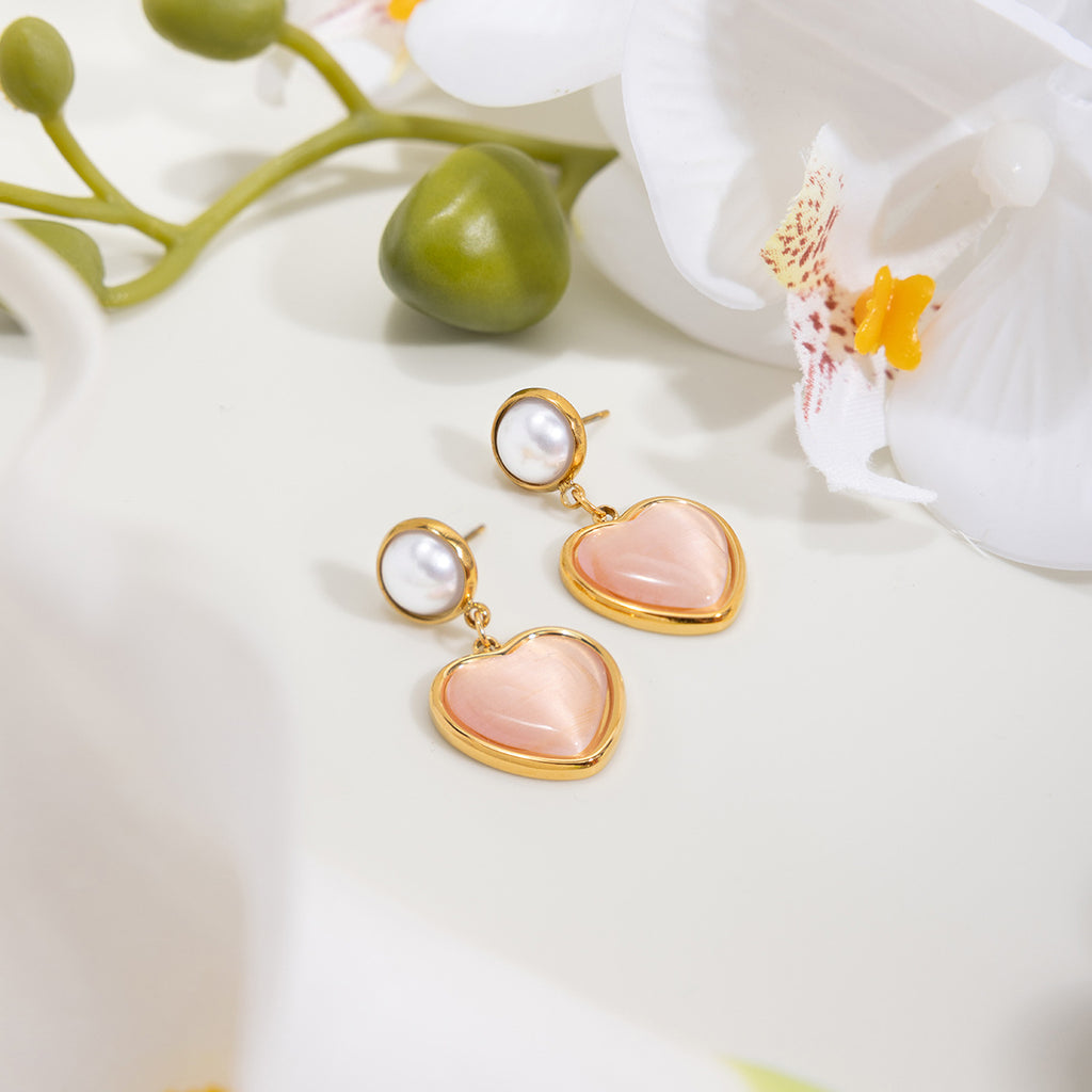 Stainless steel electroplated 18K gold pearl pink cat's eye stone earrings