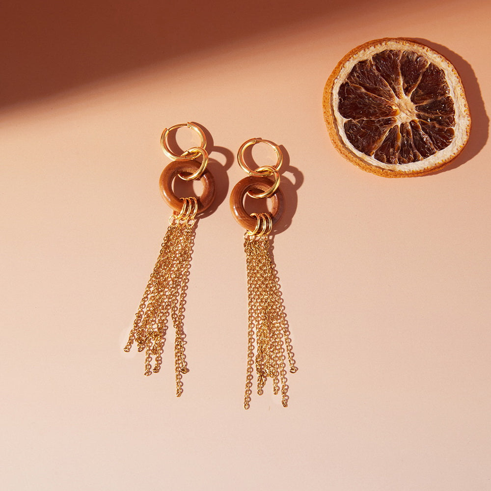 Wooden tassel stainless steel earrings
