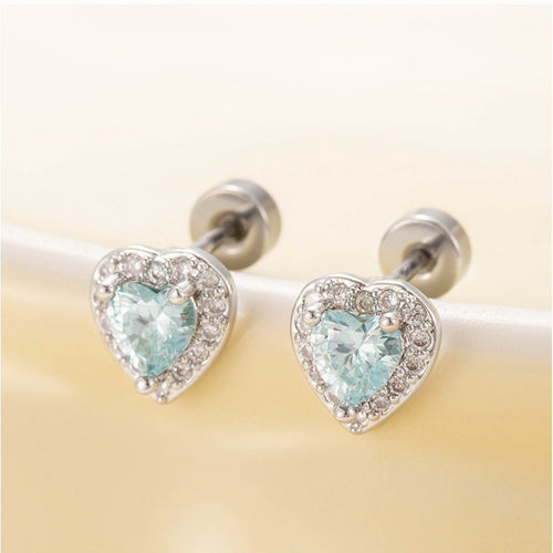 Stainless steel navy blue heart-shaped zircon stud earrings, double-ended screw stud earrings