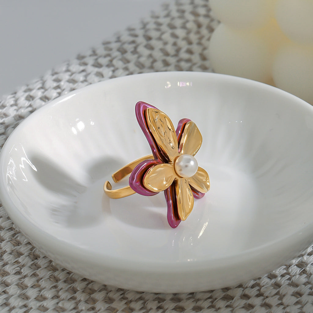 Stainless steel flower pearl ring