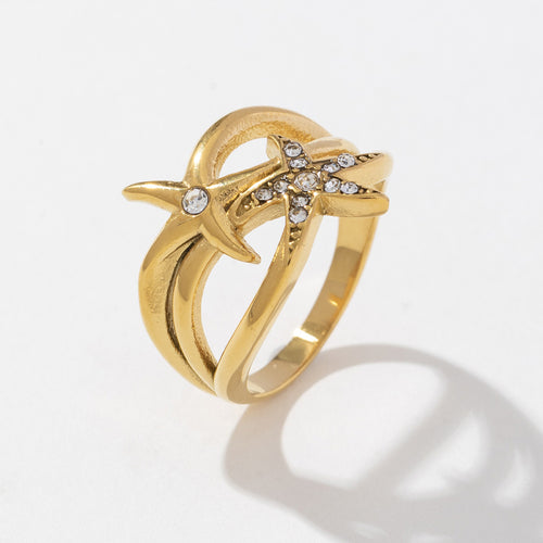 18K gold electroplated stainless steel starfish diamond-encrusted ring