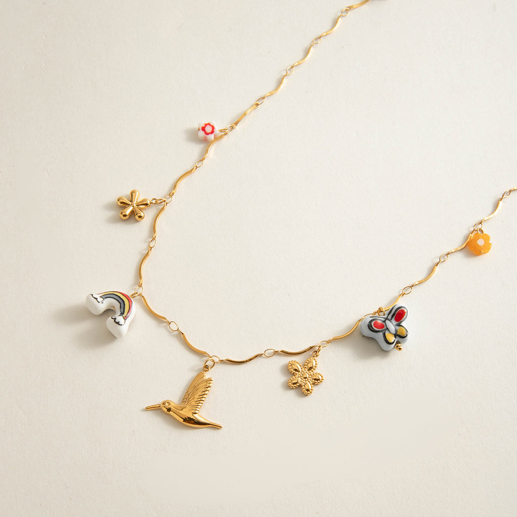 Stainless steel small flower ceramic butterfly rainbow pendant necklace