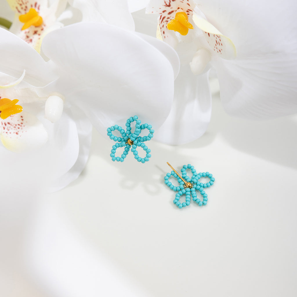 Stainless steel blue rice bead flower earrings