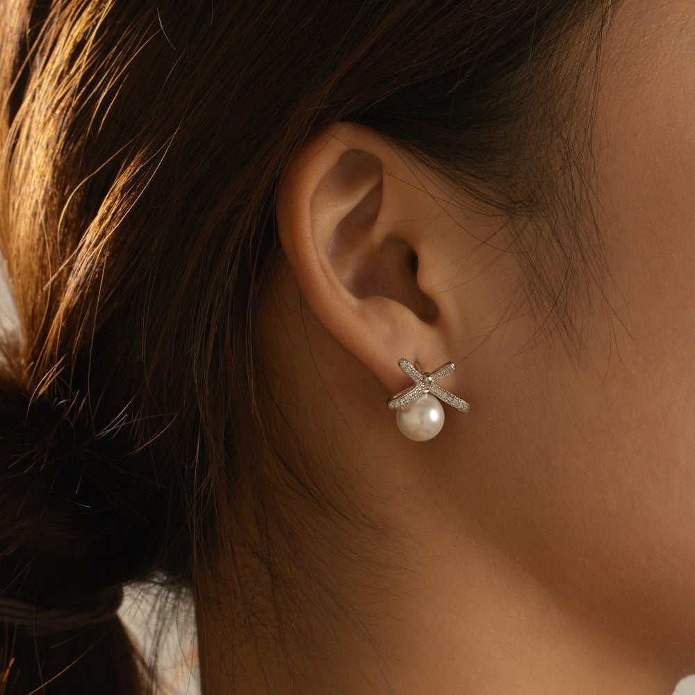S925 sterling silver bow earrings set with zircon pearl stud earrings