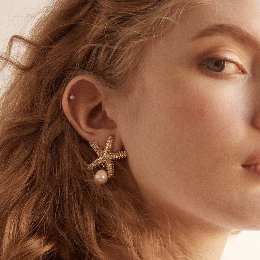 Stainless steel starfish pearl earrings