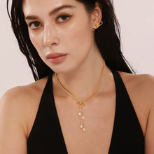 Load image into Gallery viewer, Copper rice bead chain bow freshwater pearl tassel pendant necklace