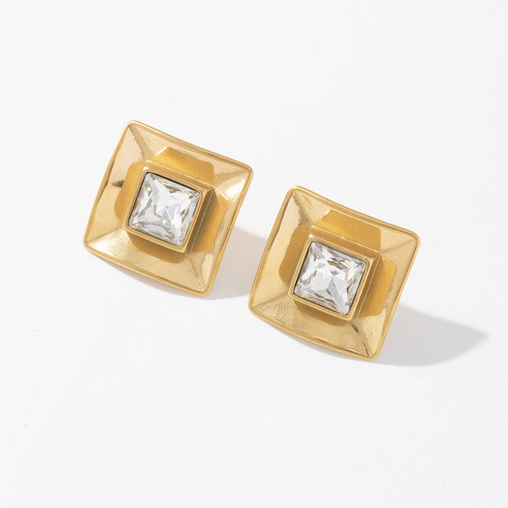 Stainless steel golden square zircon earrings