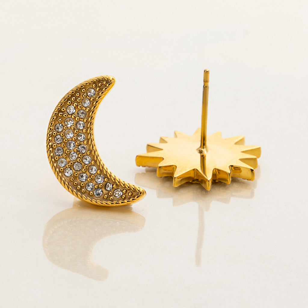 18K gold stainless steel moon and sun earrings with white diamonds