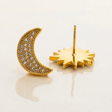 Load image into Gallery viewer, 18K gold stainless steel moon and sun earrings with white diamonds