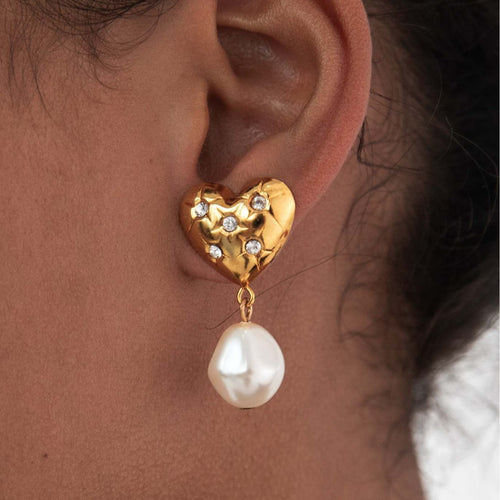 Stainless steel heart-shaped pearl zircon earrings
