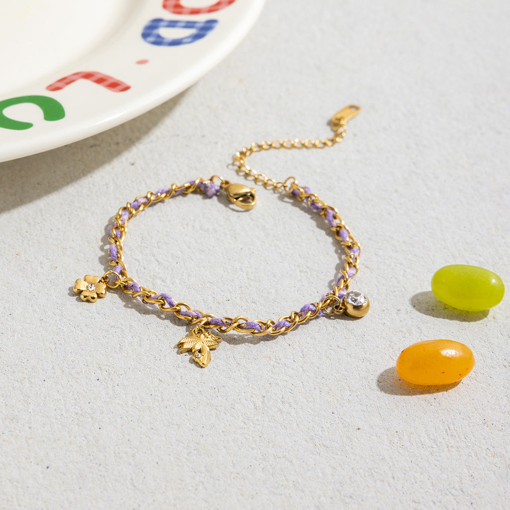 18K gold stainless steel with white diamond four-leaf clover coconut tree pendant purple rope bracelet