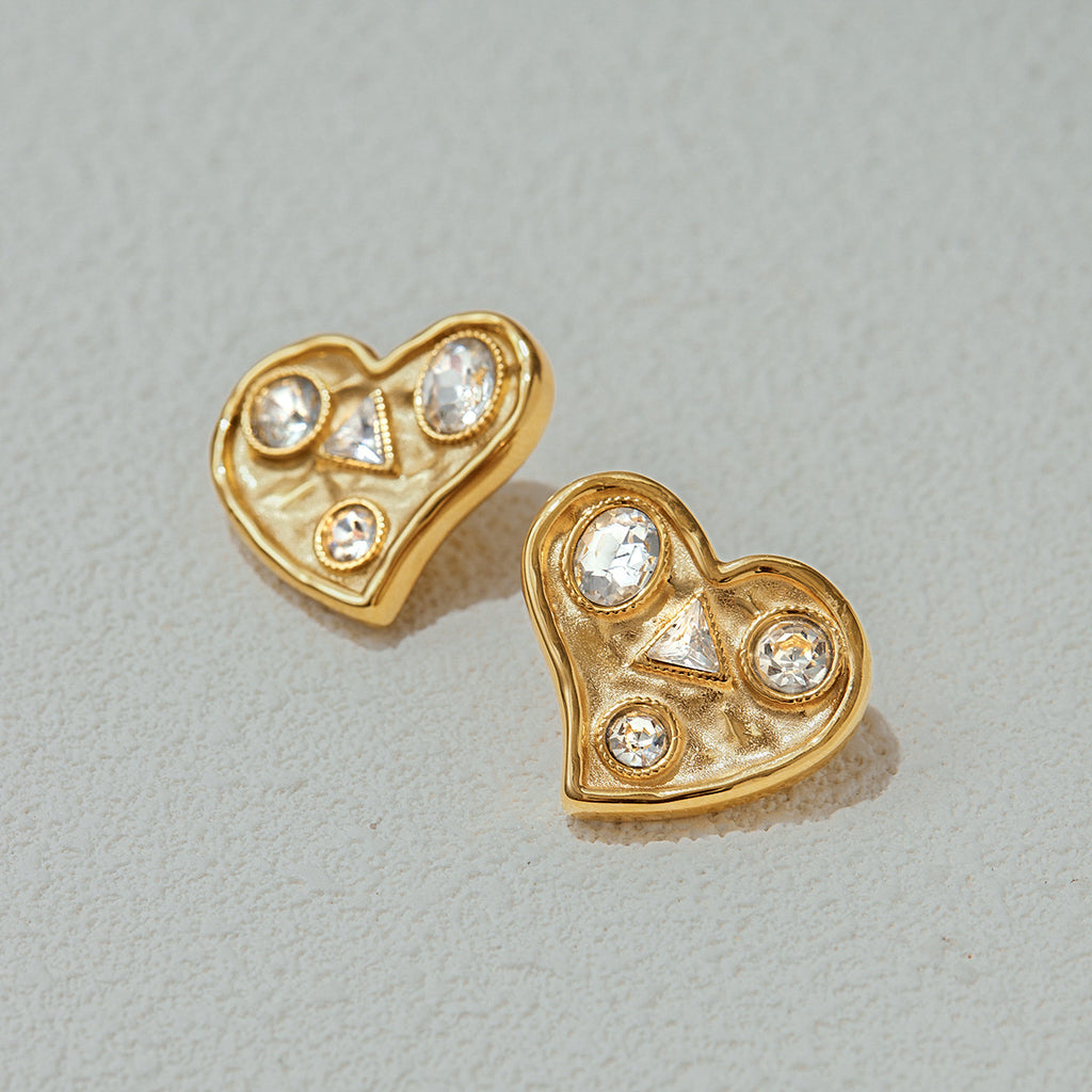 Golden stainless steel heart-shaped zirconium-set earrings