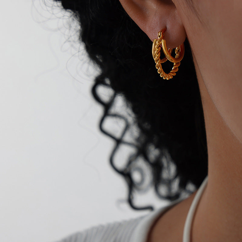 Stainless steel double-layer plain loop twisted chain earrings