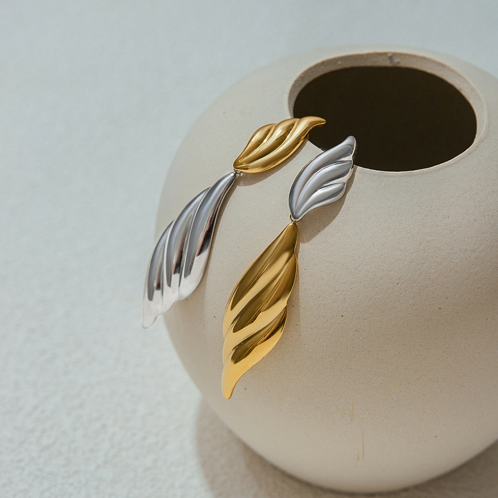 Stainless steel gold and silver color-matched leaf pendant earrings