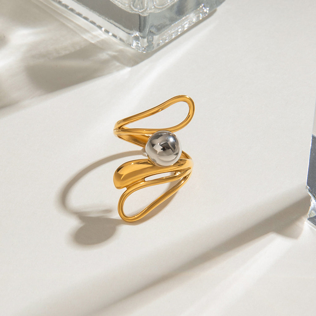 Stainless steel gold and silver color-matched irregular hollowed-out steel ball ring