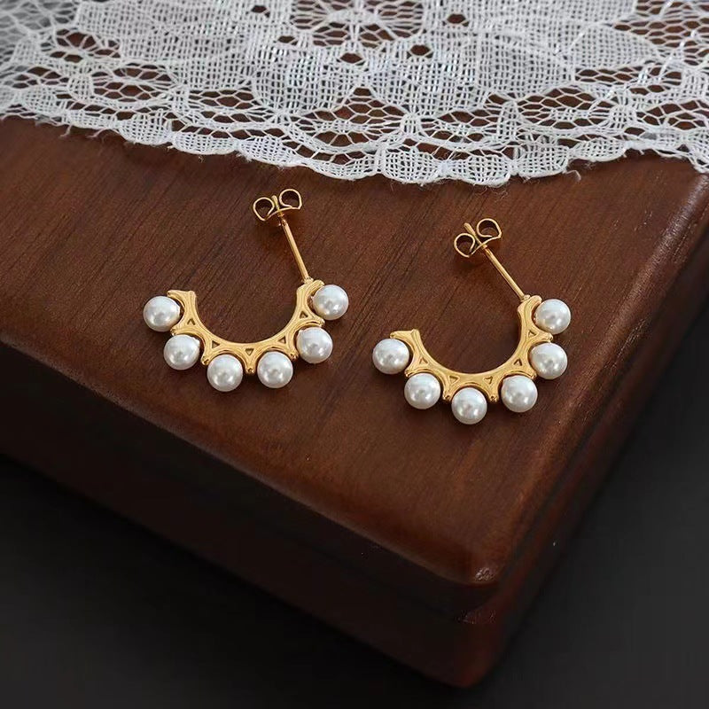 Stainless steel pearl-like C-shaped ear studs