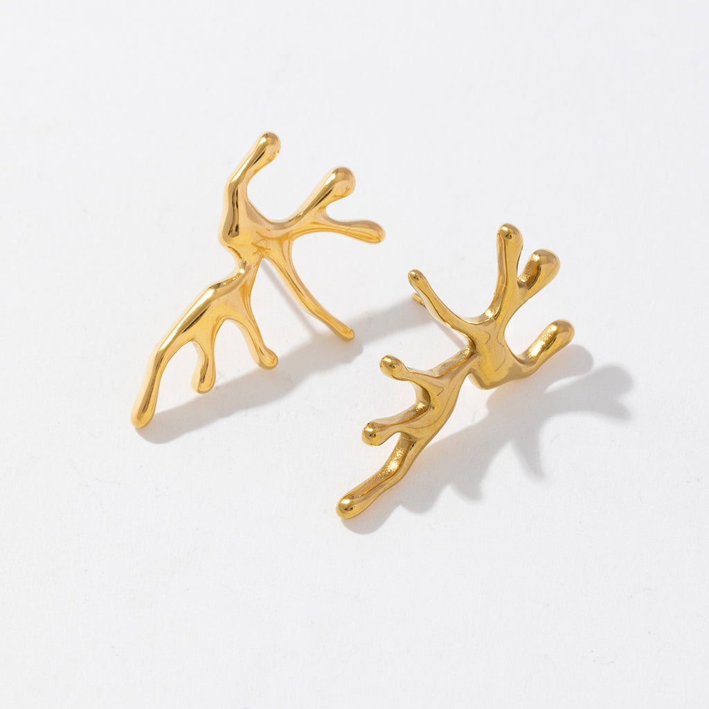 Golden stainless steel coral shaped irregular-shaped earrings