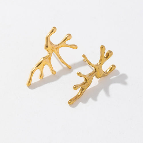 Golden stainless steel coral shaped irregular-shaped earrings