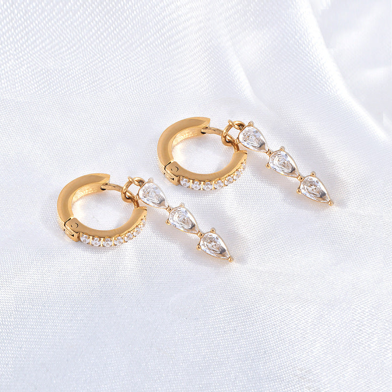Stainless steel water drop zircon earrings