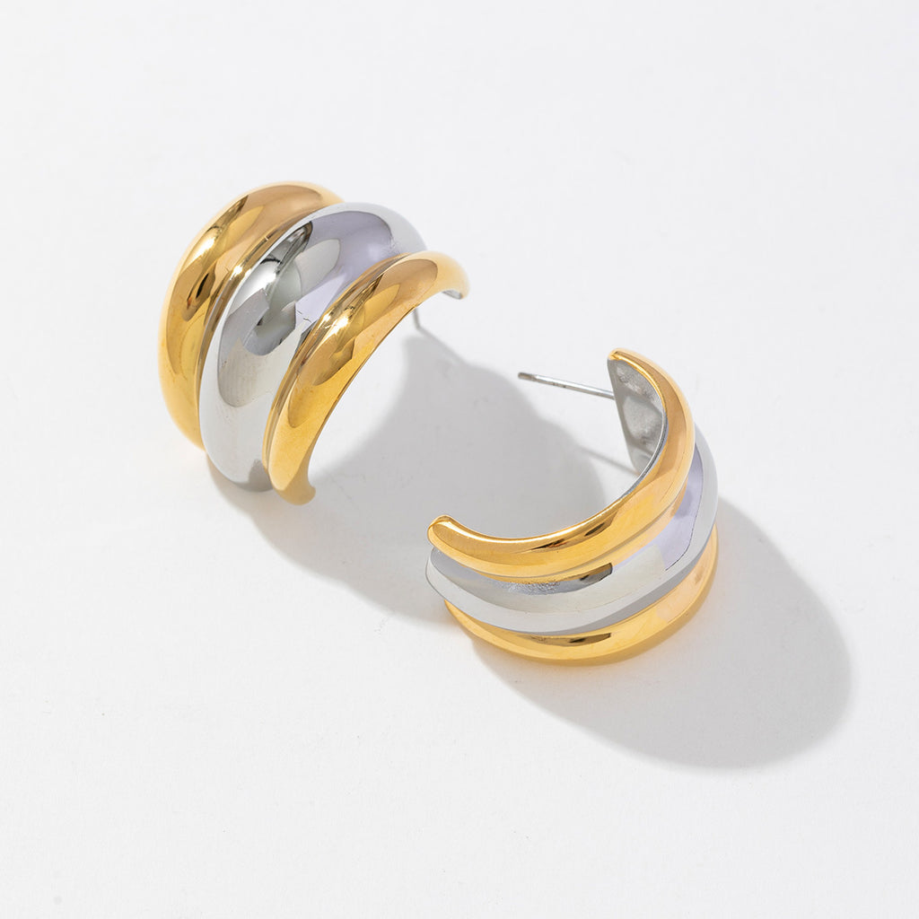 Stainless steel, gold and silver bicolored C-shaped smooth earrings