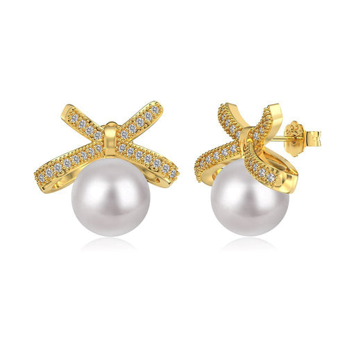 S925 sterling silver bow earrings set with zircon pearl stud earrings