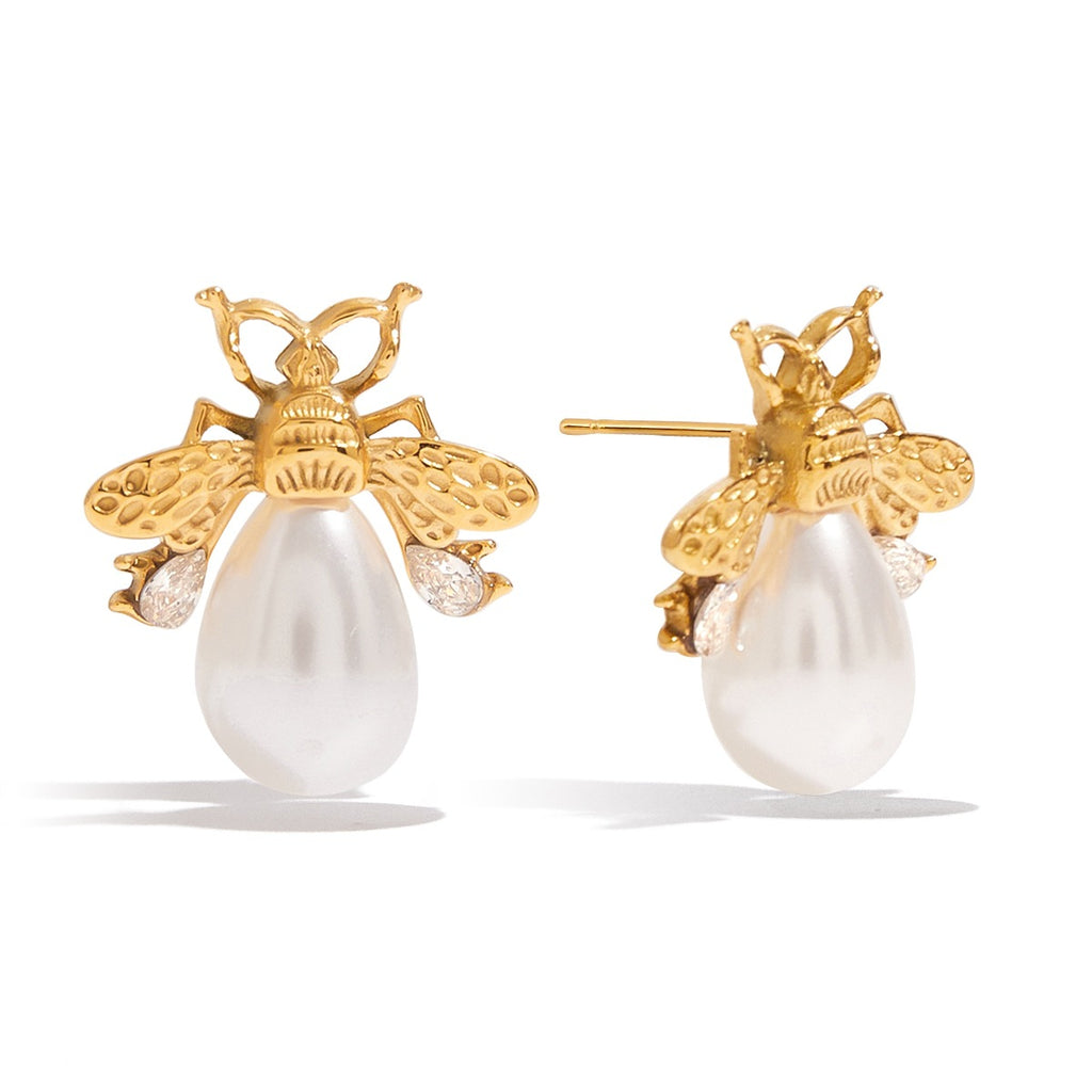 Golden stainless steel small bee pearl earrings