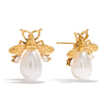 Golden stainless steel small bee pearl earrings