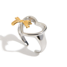 Load image into Gallery viewer, Stainless steel color-blocking hollowed-out heart-shaped bow opening ring