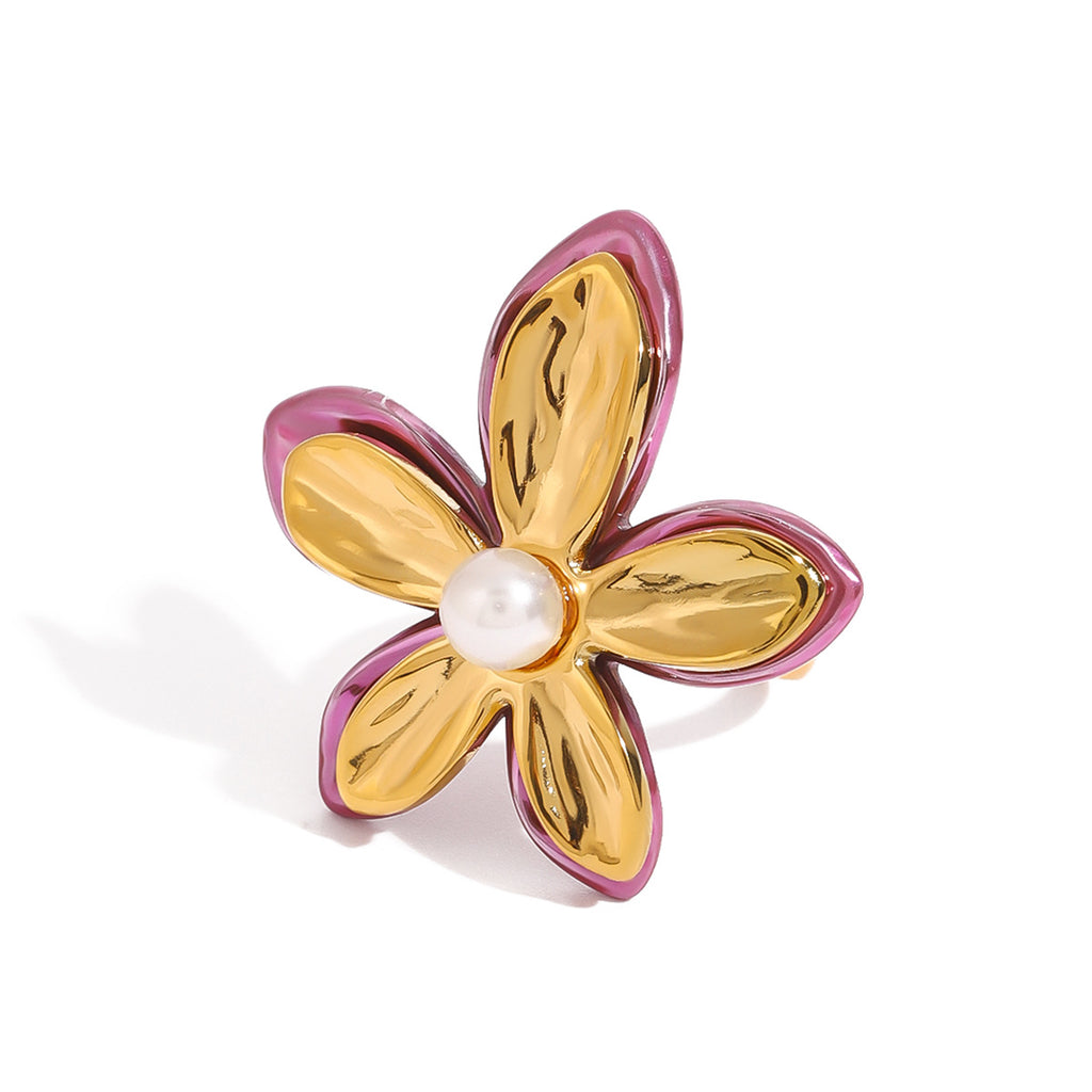 Stainless steel flower pearl ring