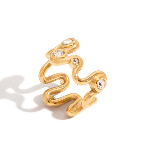 Stainless steel curved line zircon ring