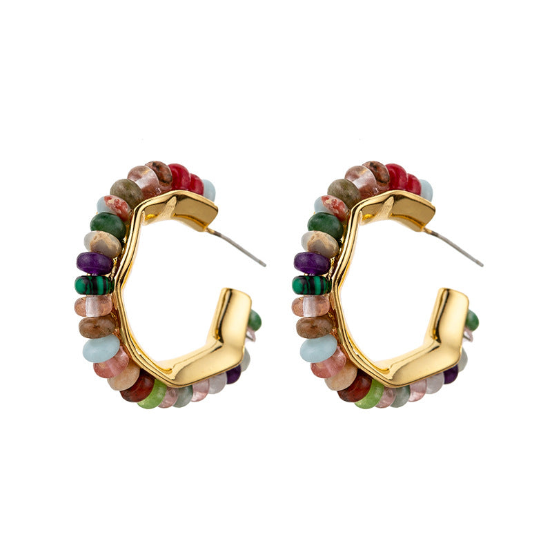 Colored natural stone beaded C-shaped earrings