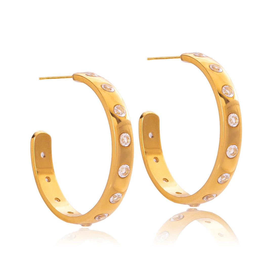 Golden stainless steel zircon C-shaped earrings