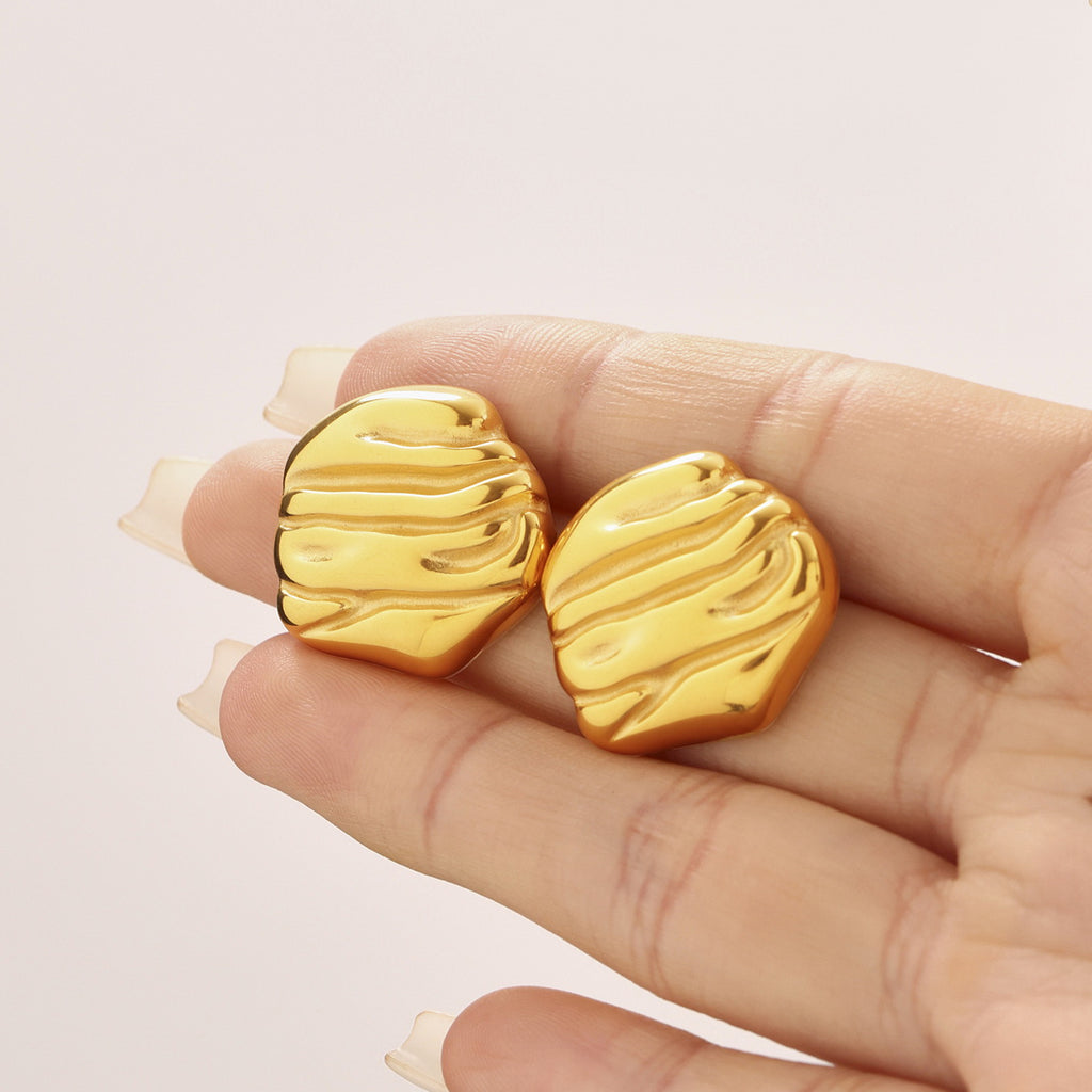 Golden stainless steel irregular pleated hammer pattern earrings