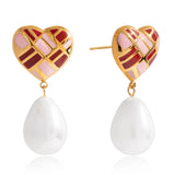Stainless steel heart-shaped oil-dripping pearl pendant earrings
