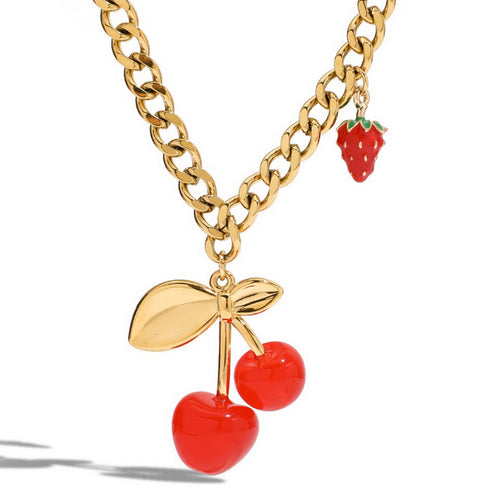 Stainless steel red cherry pendant necklace