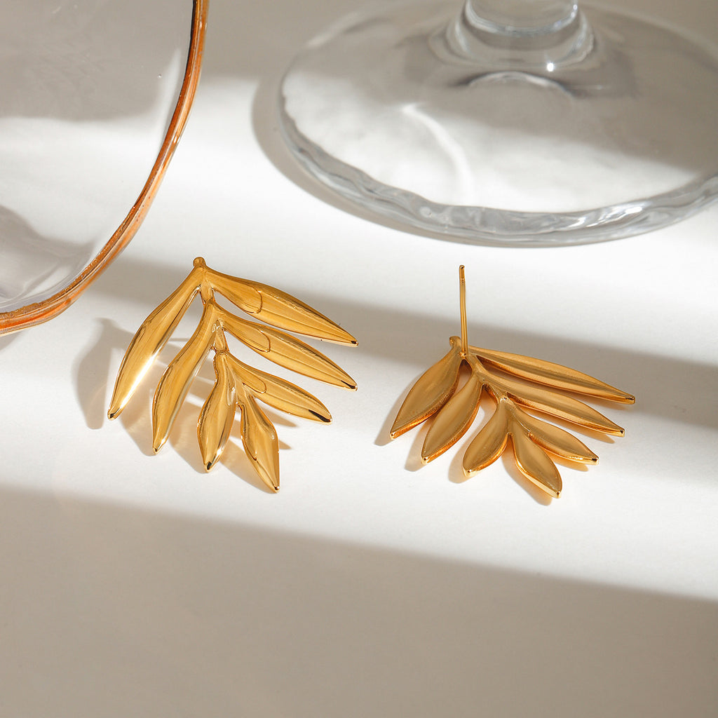 18K gold stainless steel glossy leaf earrings