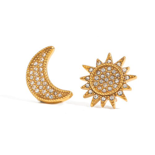 18K gold stainless steel moon and sun earrings with white diamonds