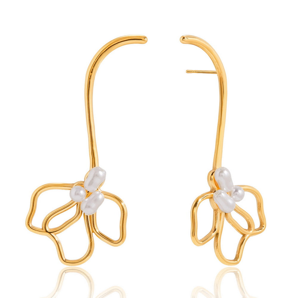 Stainless steel pearl flower long stud earrings