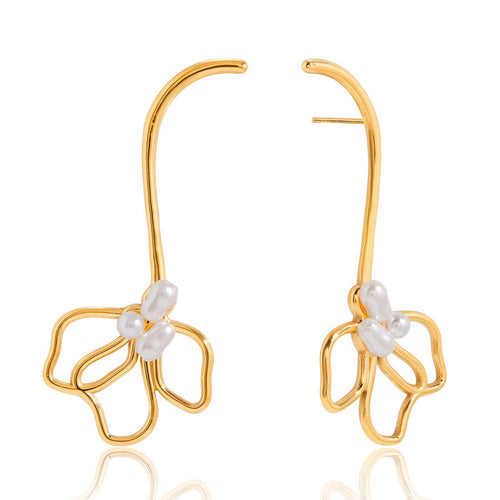 Stainless steel pearl flower long stud earrings