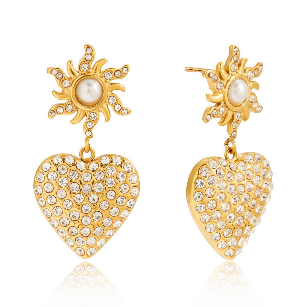 Golden stainless steel pearl heart-shaped rhinestone pendant earrings