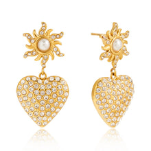 Load image into Gallery viewer, Golden stainless steel pearl heart-shaped rhinestone pendant earrings
