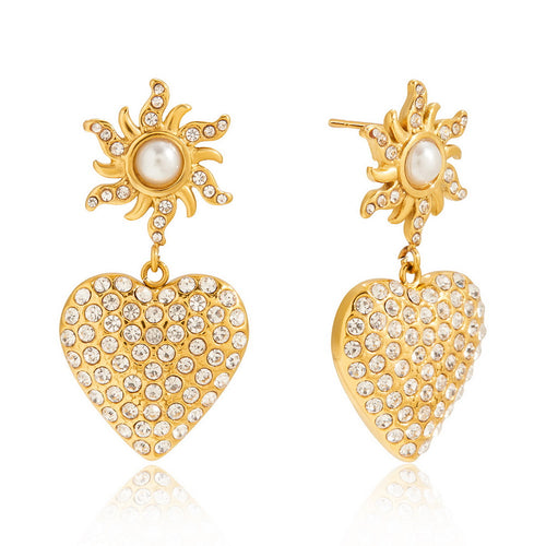 Golden stainless steel pearl heart-shaped rhinestone pendant earrings