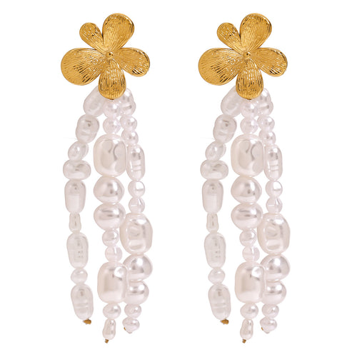 Stainless steel imitation pearl beaded tassel earrings